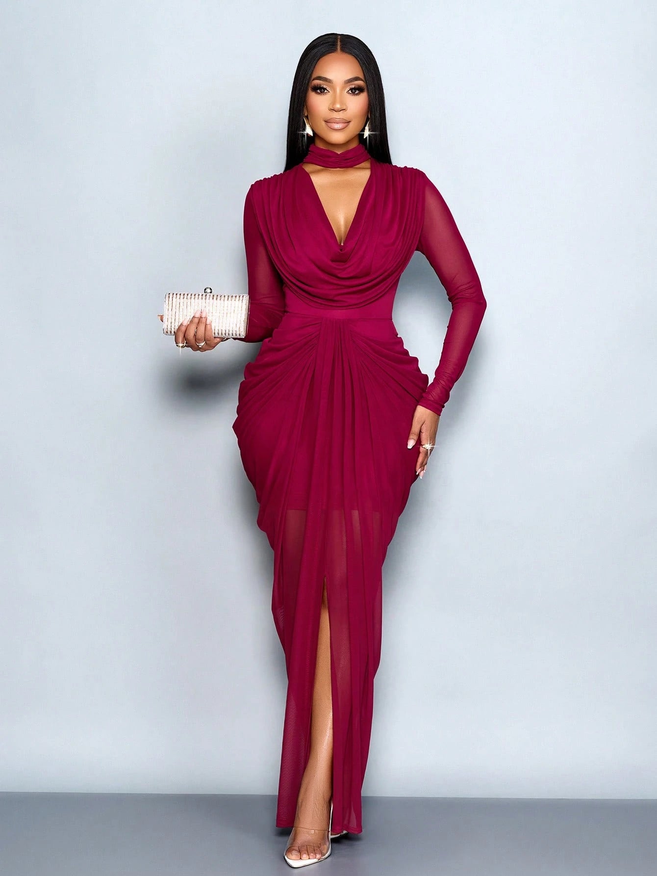 SOLERSUN Women Burgundy Elegant Dinner Autumn Dress, Mesh Draped Neck
