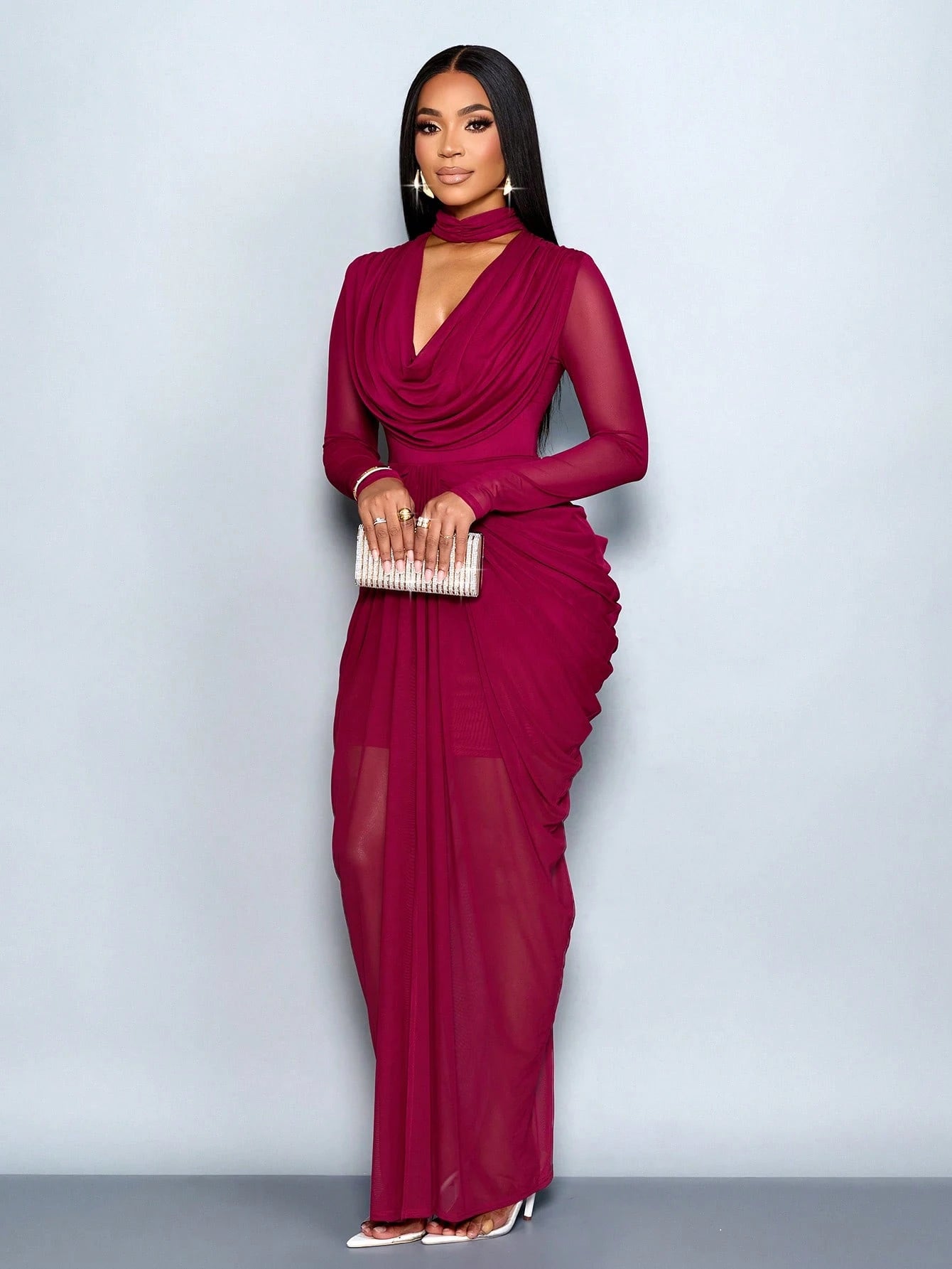 SOLERSUN Women Burgundy Elegant Dinner Autumn Dress, Mesh Draped Neck