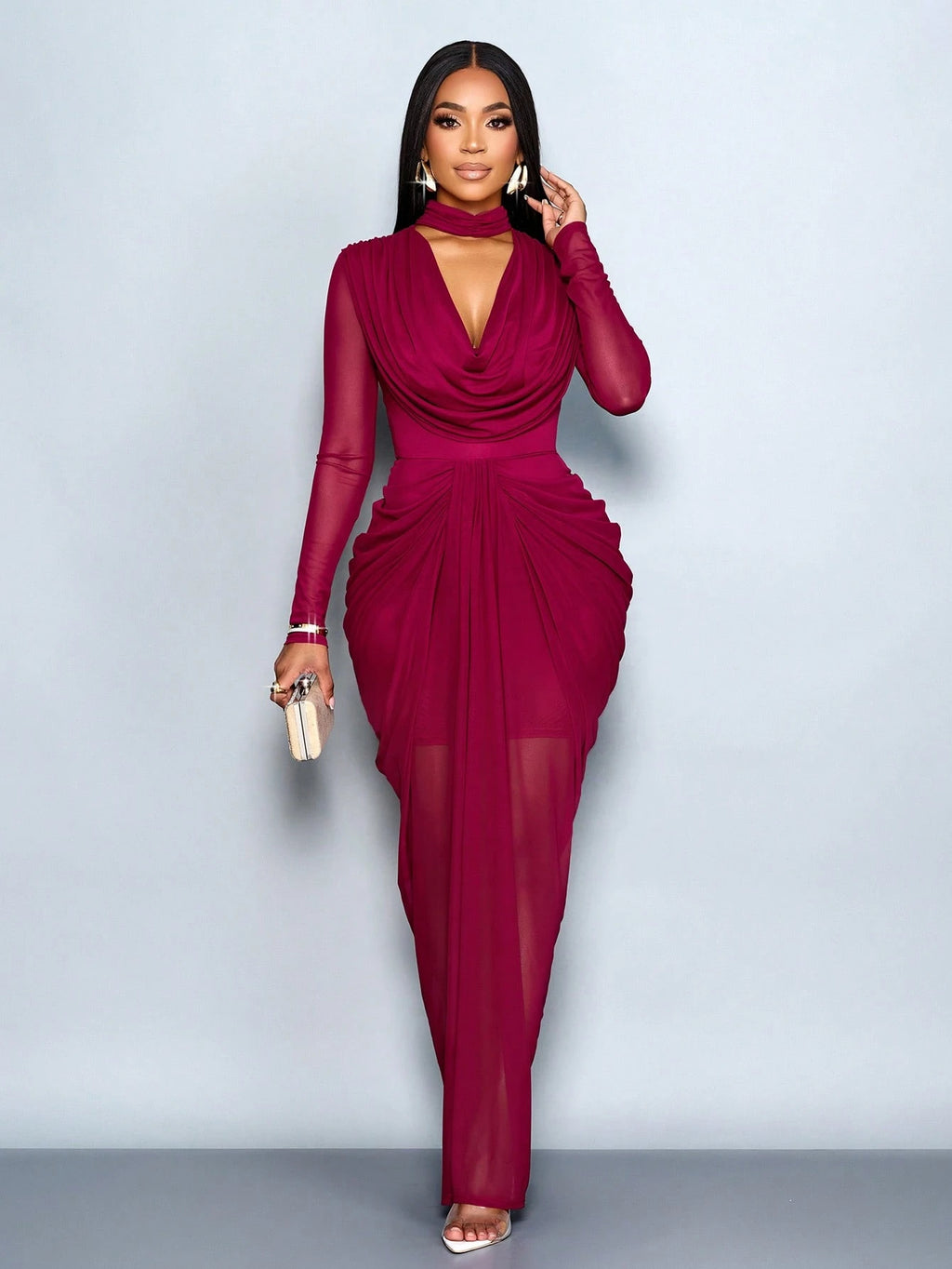 SOLERSUN Women Burgundy Elegant Dinner Autumn Dress, Mesh Draped Neck