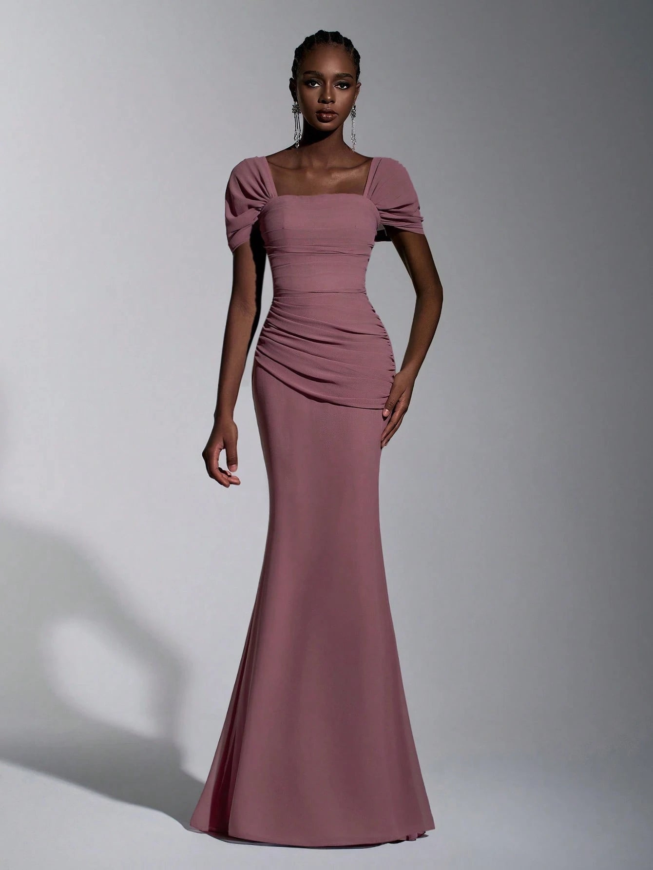 Elitara Elegant Chiffon Off Shoulder Cap Sleeve Ruched Fishtail Dress, Flattering Fit For Dates Boda Wedding, - image 8