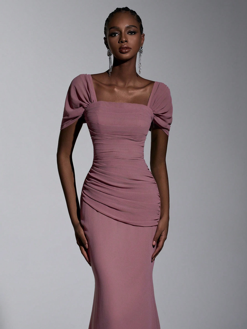 Elitara Elegant Chiffon Off Shoulder Cap Sleeve Ruched Fishtail Dress, Flattering Fit For Dates Boda Wedding, - image 9
