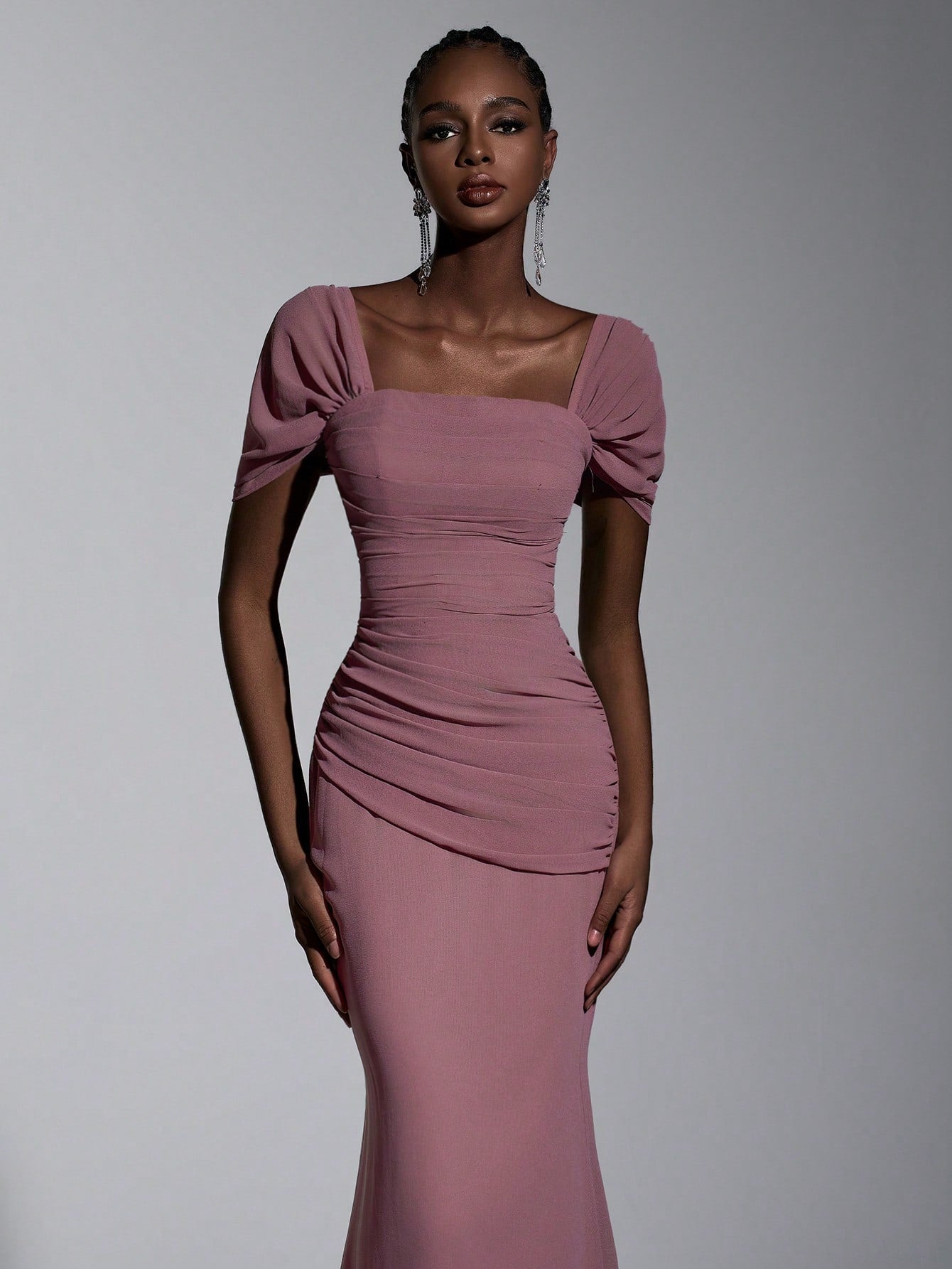 Elitara Elegant Chiffon Off Shoulder Cap Sleeve Ruched Fishtail Dress, Flattering Fit For Dates Boda Wedding, - image 9