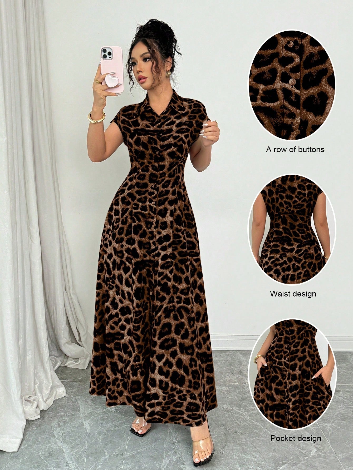 Rafferiza Women's Elegant Leopard Print Collared Short Sleeve Cinched