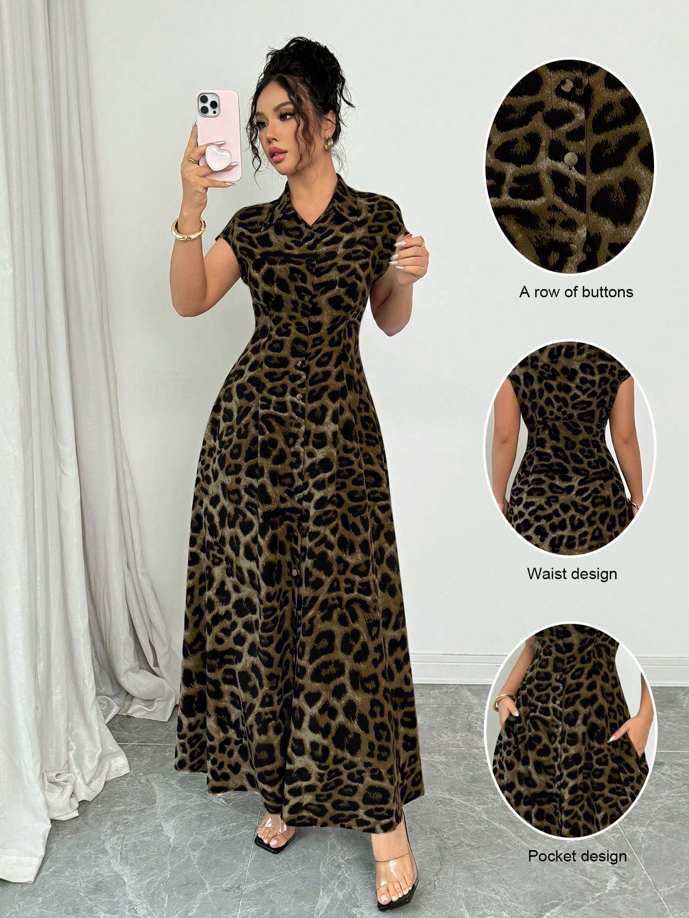 Rafferiza Women's Elegant Leopard Print Collared Short Sleeve Cinched