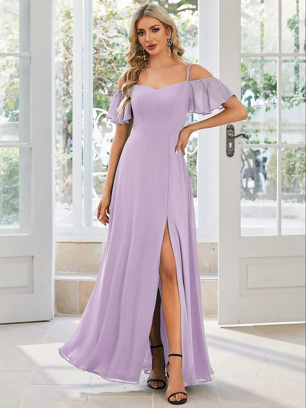 EVERPRETTY Elegant Open Shoulder Chiffon Long Bridesmaid Dress, Suitable For Weddings And Graduation - image 15