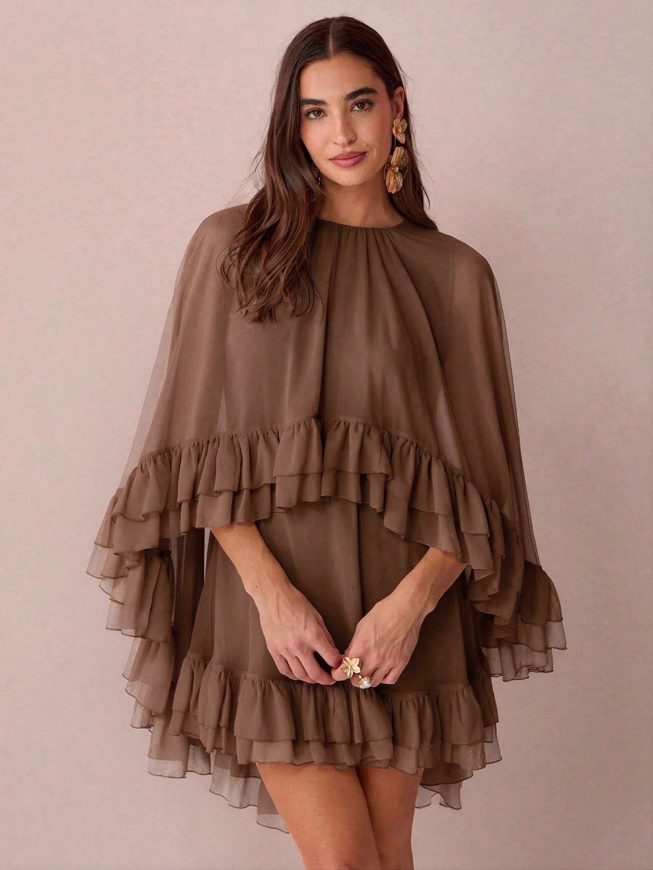 Enchnt Women's Solid Color Minimalist Everyday Poncho Sleeve Dress