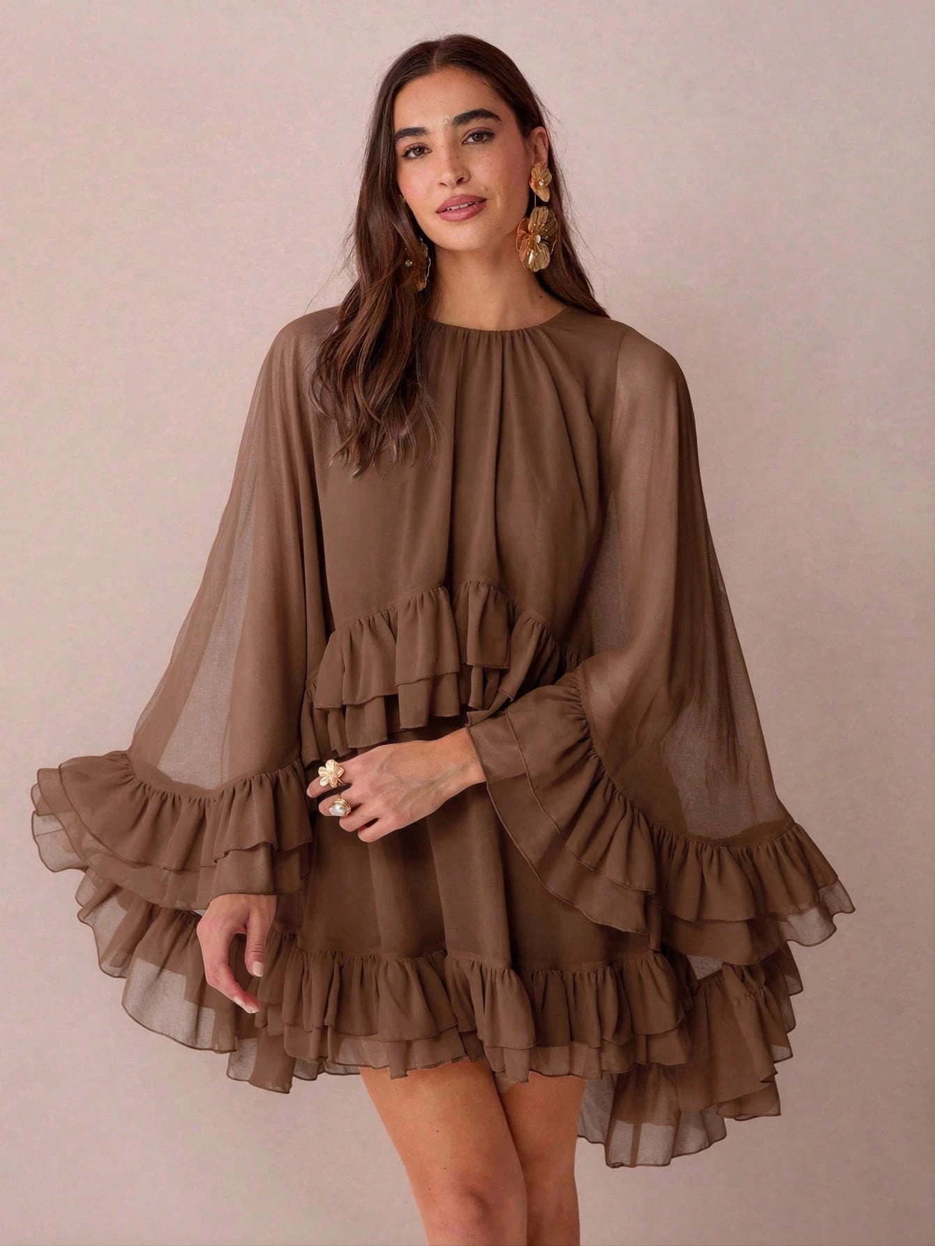 Enchnt Women's Solid Color Minimalist Everyday Poncho Sleeve Dress