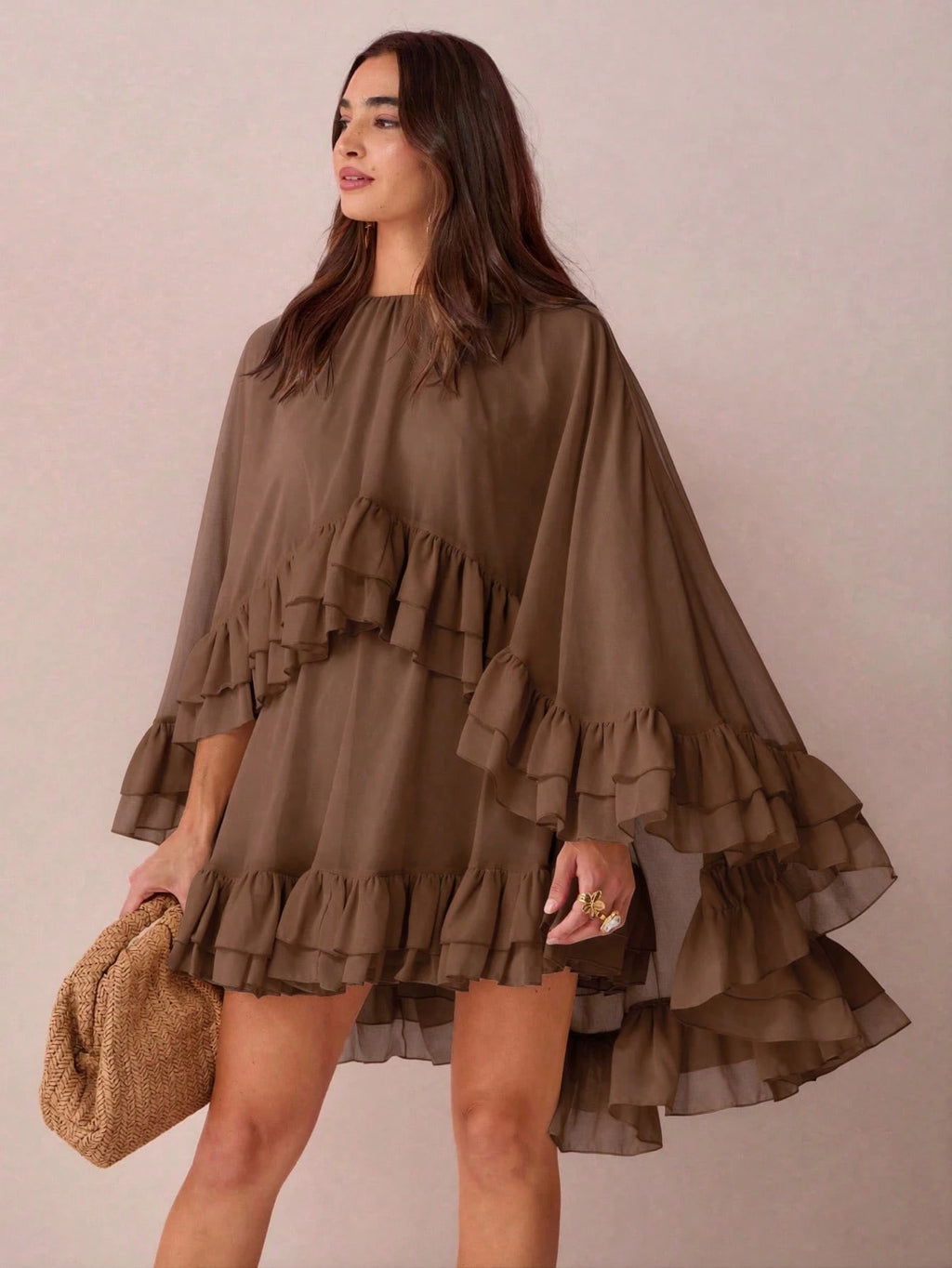 Enchnt Women's Solid Color Minimalist Everyday Poncho Sleeve Dress