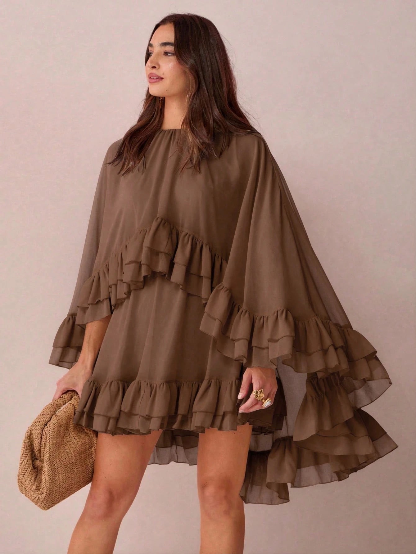 Enchnt Women's Solid Color Minimalist Everyday Poncho Sleeve Dress