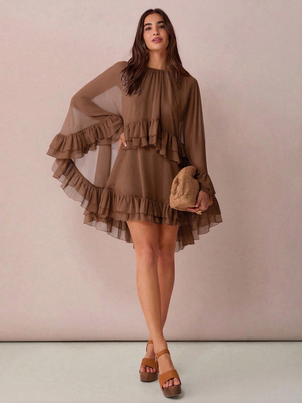 Enchnt Women's Solid Color Minimalist Everyday Poncho Sleeve Dress