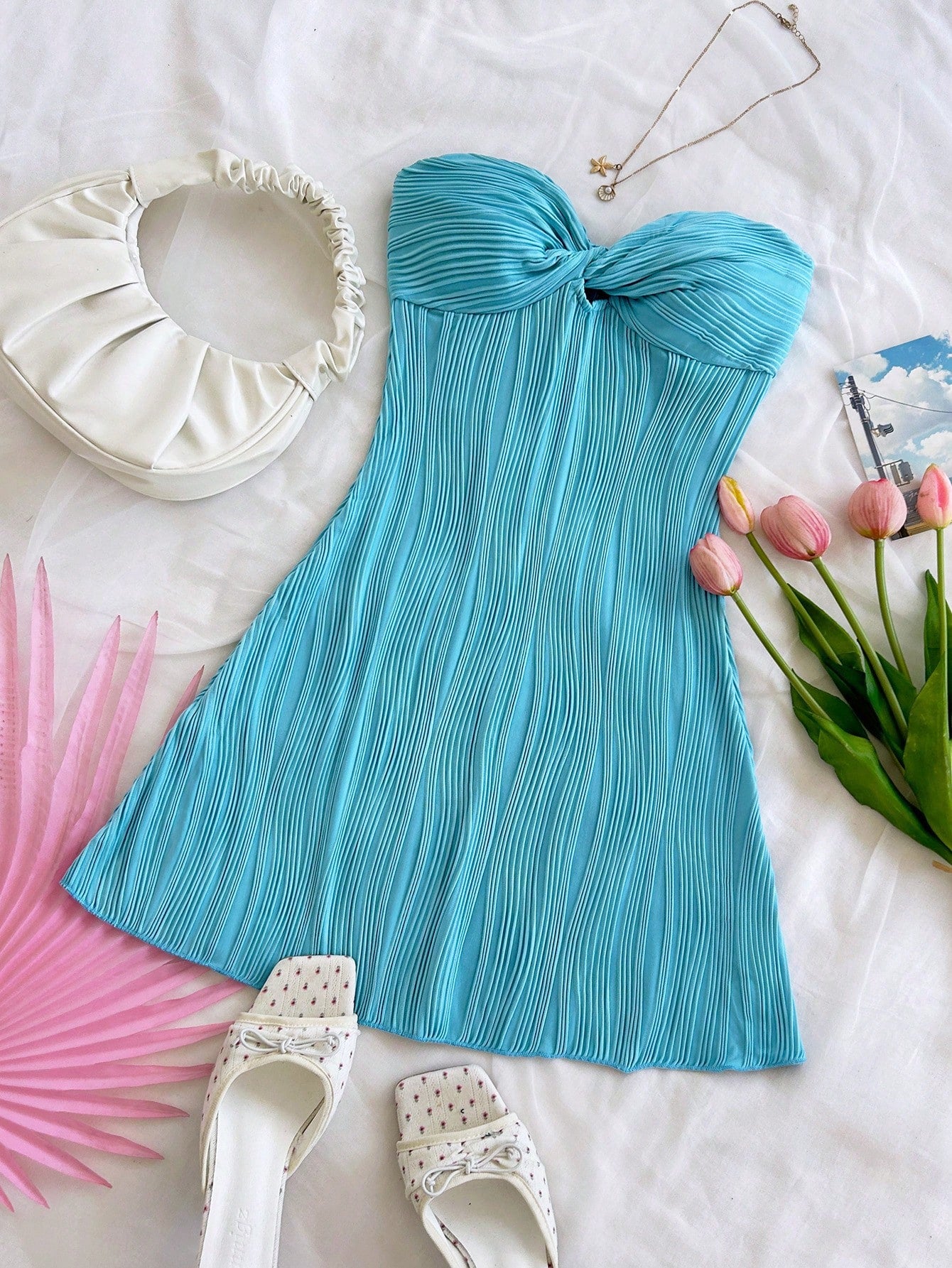 Soleia Women's Aqua Blue Summer Casual Holiday Vacation Holiday Wavy Textured Tube Twist Hollow Waist A-Line - image 15