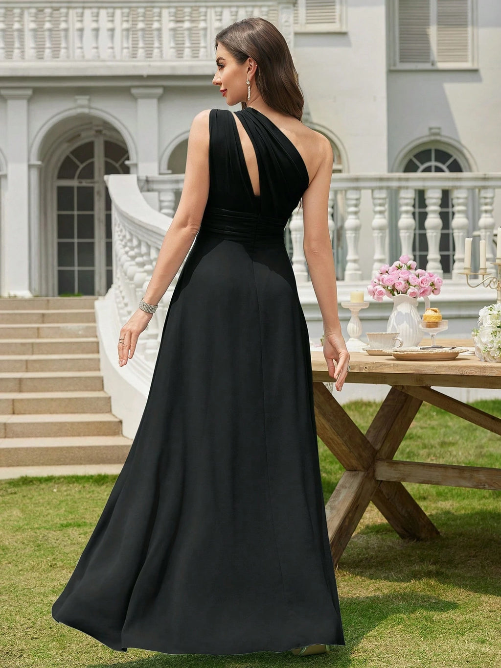 Volly Toych Light Pink Pleated A-Line Chiffon Dress, Elegant Flared Formal Bridesmaid Gown, Suitable For - image 2