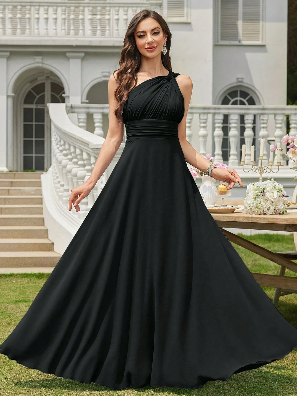 Volly Toych Light Pink Pleated A-Line Chiffon Dress, Elegant Flared Formal Bridesmaid Gown, Suitable For - image 4
