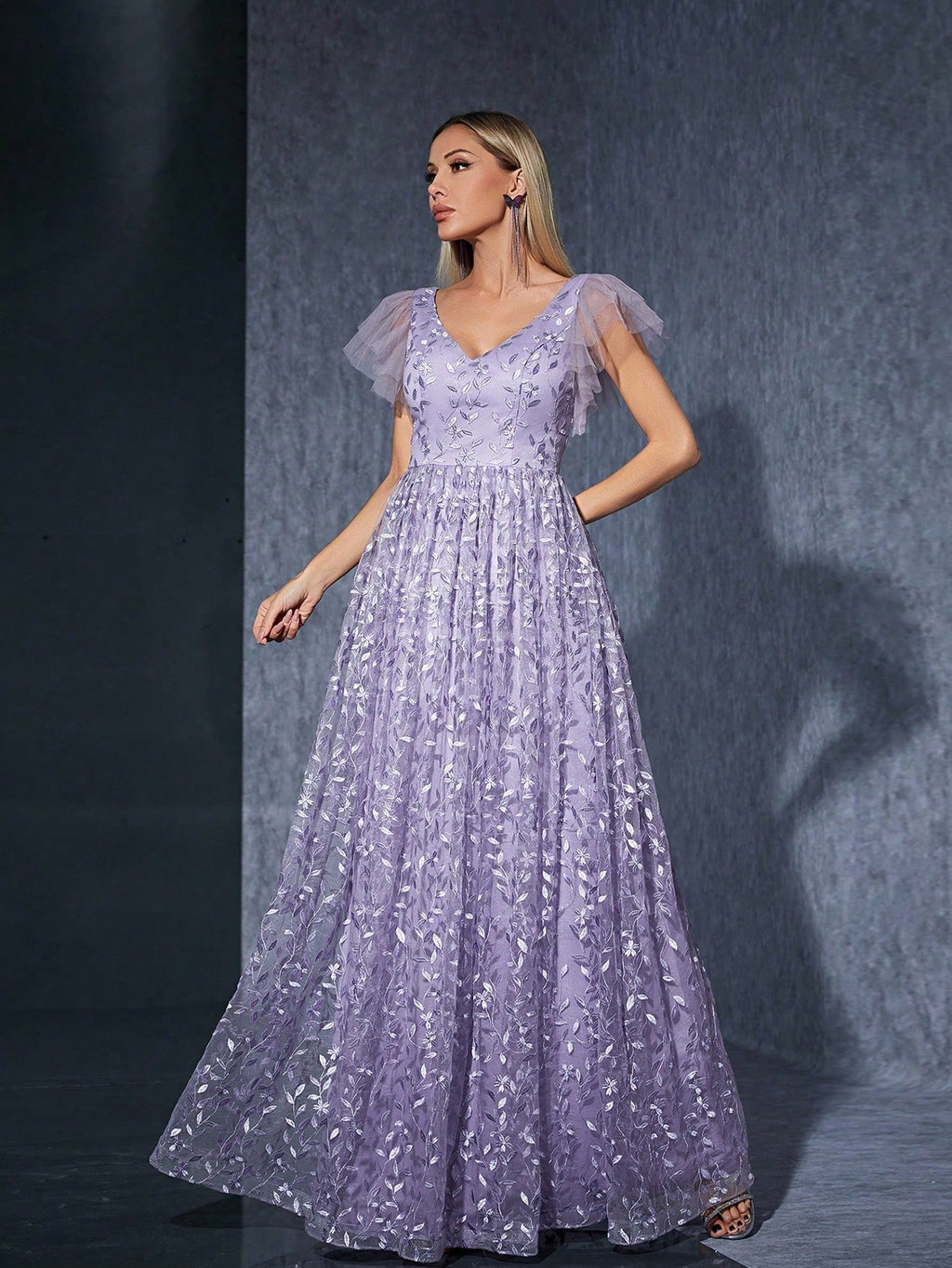 Purple Floral Lace A-Line Maxi Dress, V-Neck And Ruffle Sleeve, Elegant Women's Summer Ball, Bridal Evening - image 3