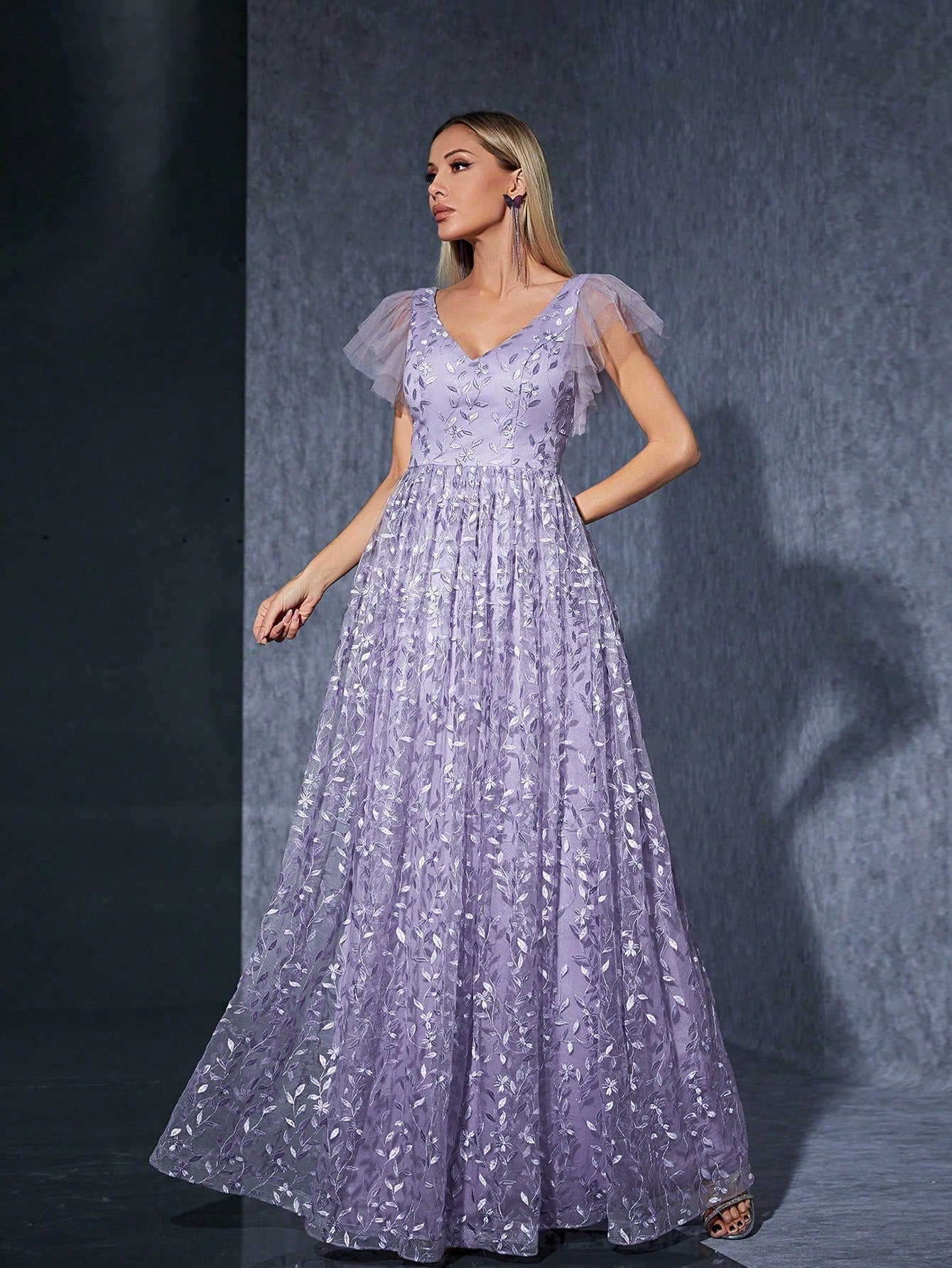 Purple Floral Lace A-Line Maxi Dress, V-Neck And Ruffle Sleeve, Elegant Women's Summer Ball, Bridal Evening - image 3