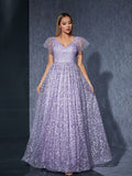 Purple Floral Lace A-Line Maxi Dress, V-Neck And Ruffle Sleeve, Elegant Women's Summer Ball, Bridal Evening