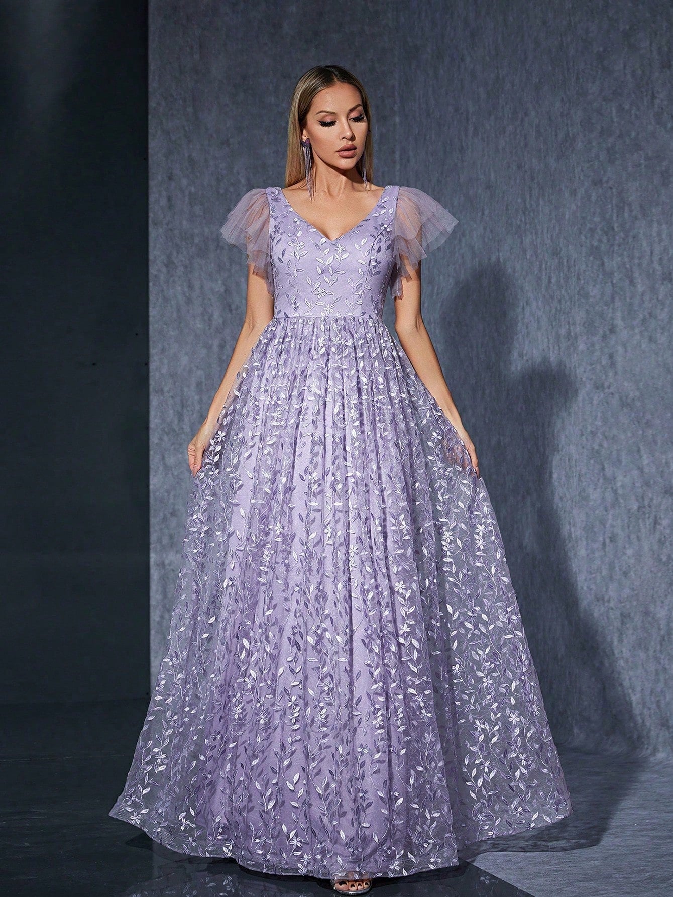 Purple Floral Lace A-Line Maxi Dress, V-Neck And Ruffle Sleeve, Elegant Women's Summer Ball, Bridal Evening