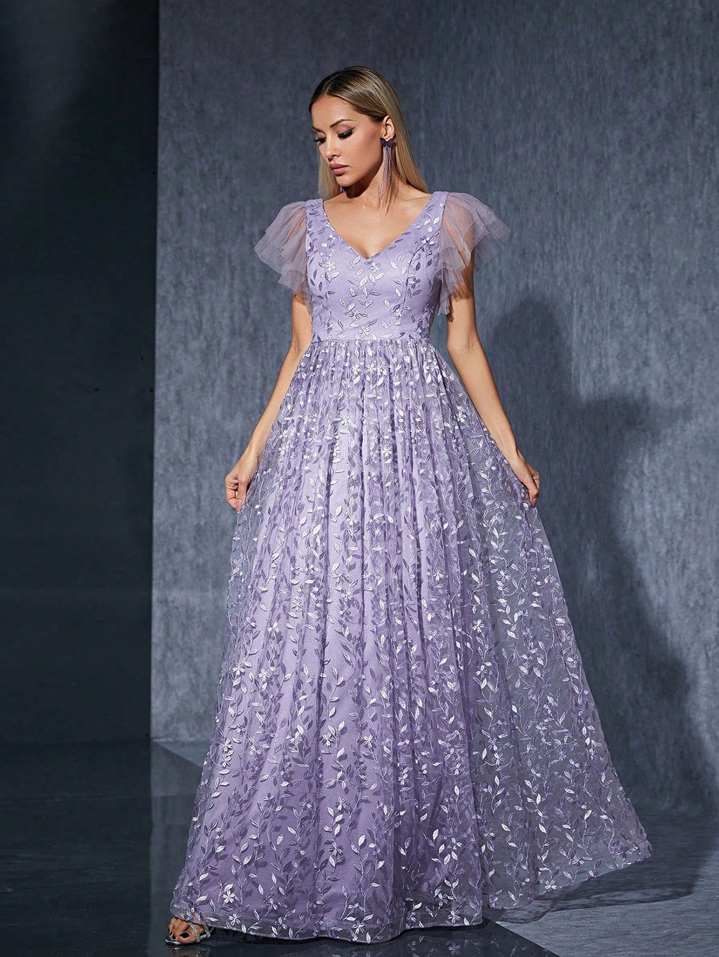 Purple Floral Lace A-Line Maxi Dress, V-Neck And Ruffle Sleeve, Elegant Women's Summer Ball, Bridal Evening - image 4