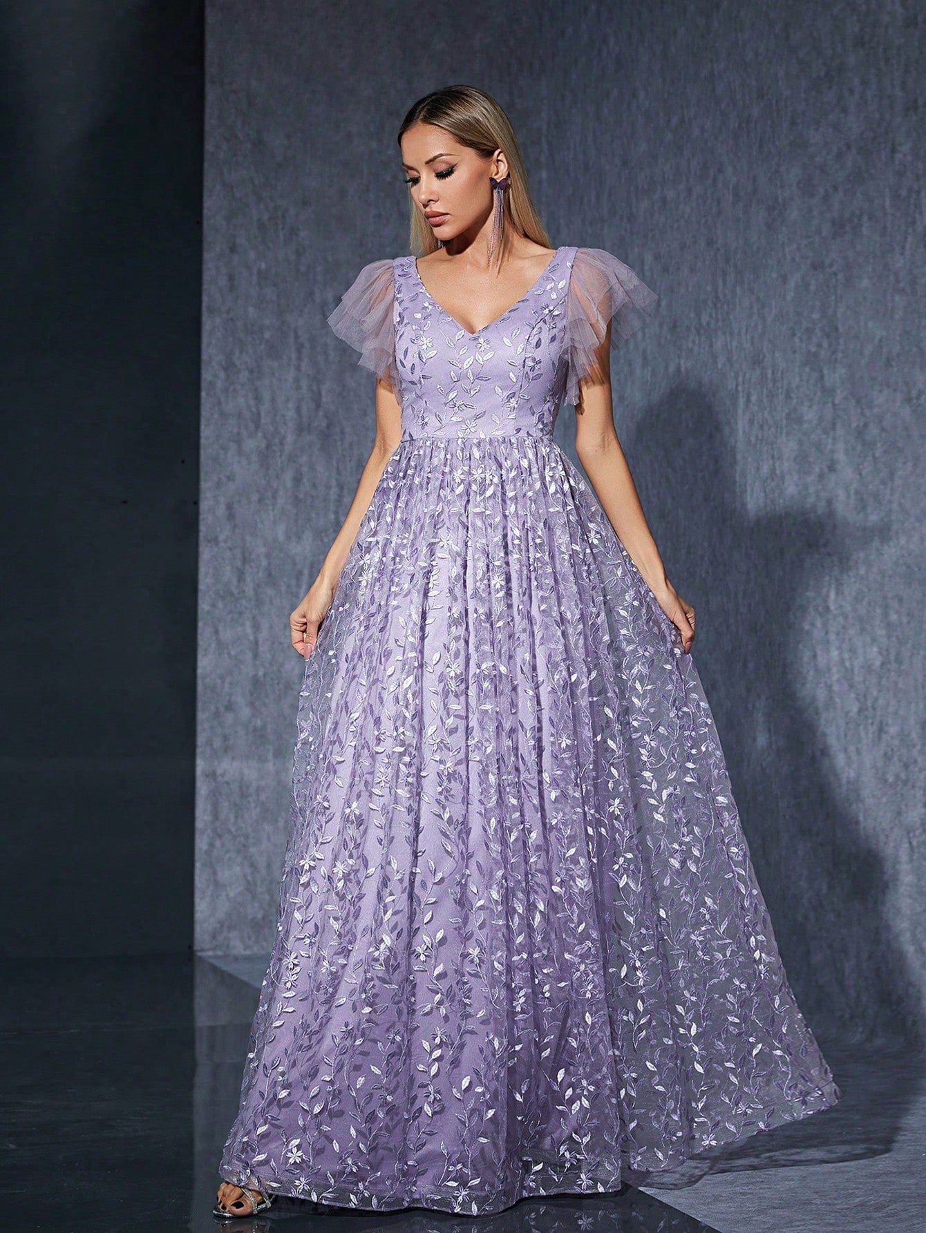 Purple Floral Lace A-Line Maxi Dress, V-Neck And Ruffle Sleeve, Elegant Women's Summer Ball, Bridal Evening - image 4