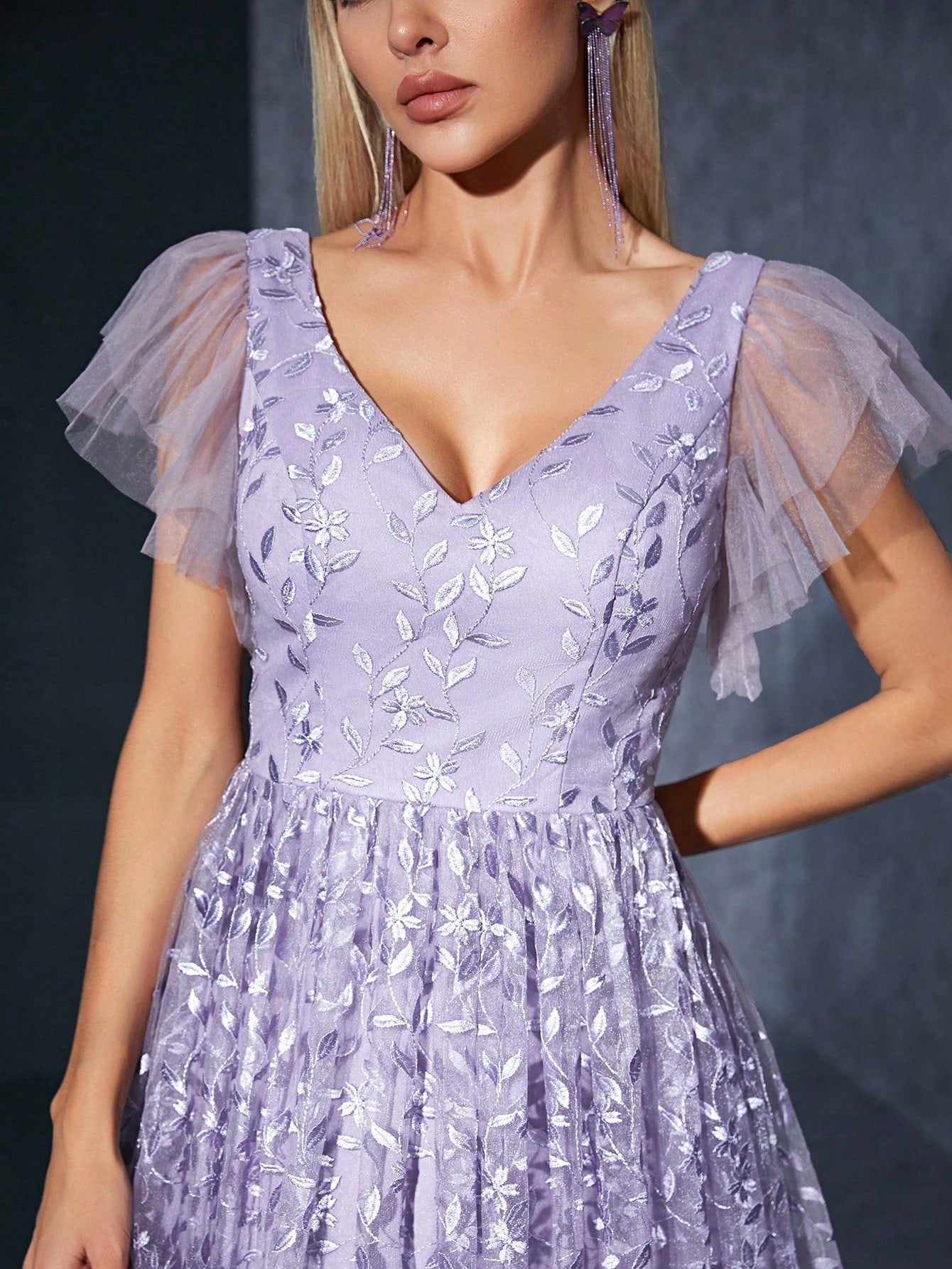 Purple Floral Lace A-Line Maxi Dress, V-Neck And Ruffle Sleeve, Elegant Women's Summer Ball, Bridal Evening - image 5