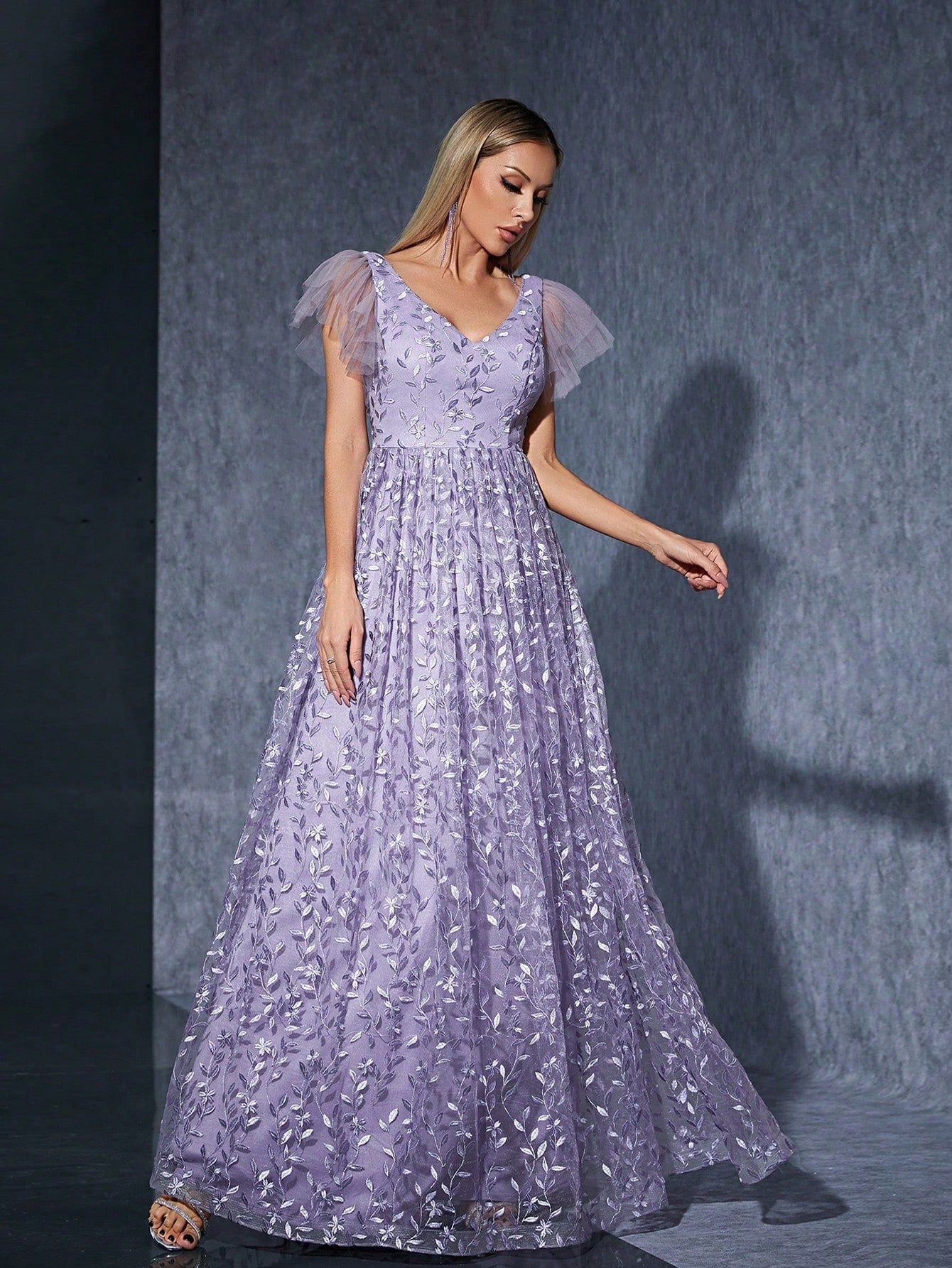 Purple Floral Lace A-Line Maxi Dress, V-Neck And Ruffle Sleeve, Elegant Women's Summer Ball, Bridal Evening - image 6