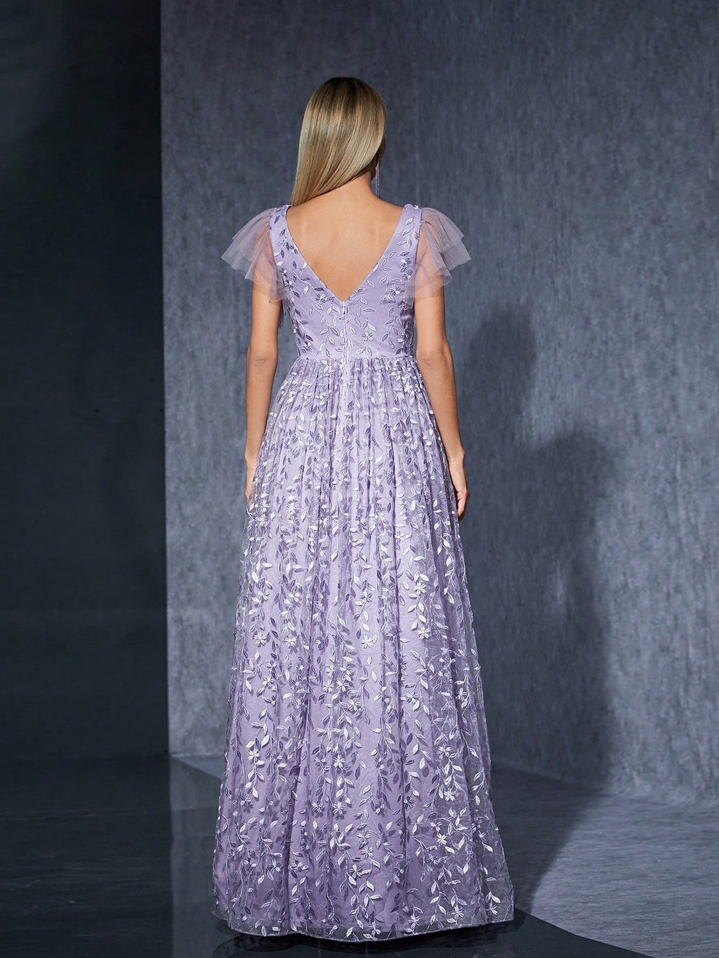 Purple Floral Lace A-Line Maxi Dress, V-Neck And Ruffle Sleeve, Elegant Women's Summer Ball, Bridal Evening - image 2