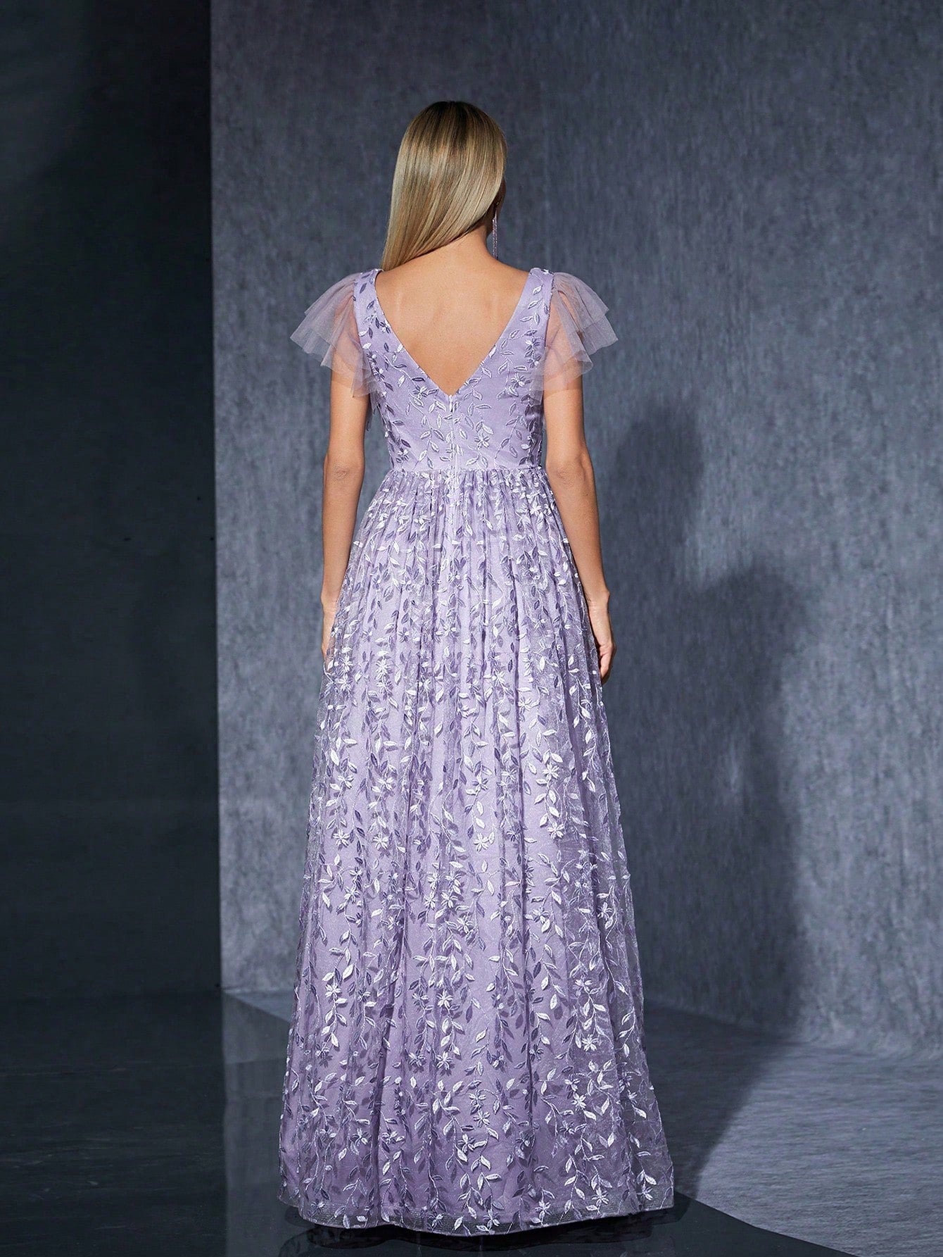 Purple Floral Lace A-Line Maxi Dress, V-Neck And Ruffle Sleeve, Elegant Women's Summer Ball, Bridal Evening - image 2