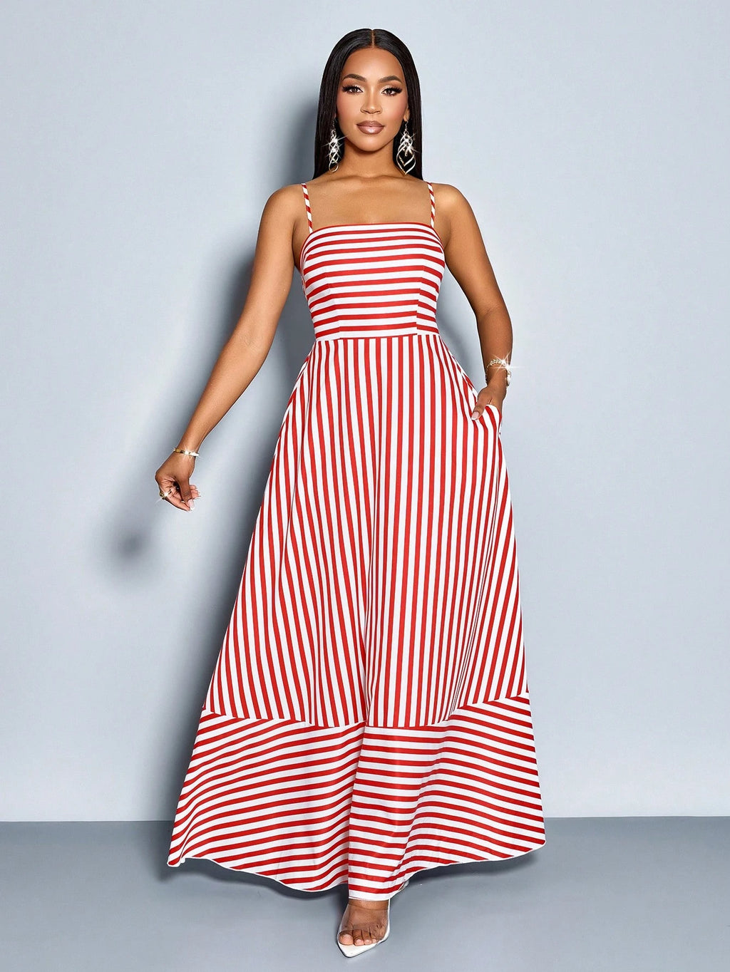 SOLERSUN Women's Flowing Striped Maxi Dress With Shoulder