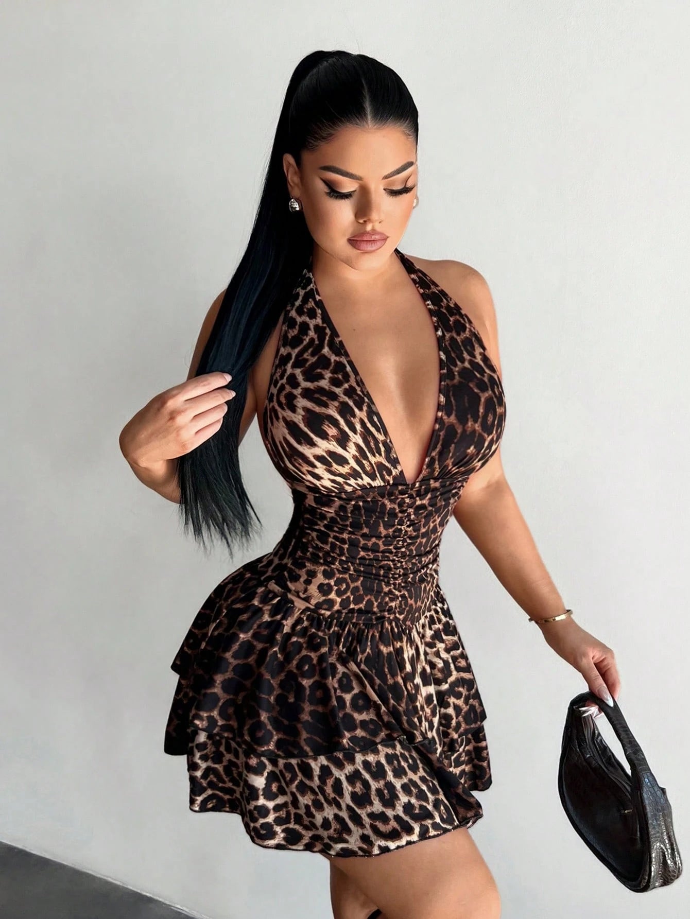 SXY Women's Polka Dot Print Deep V-Neck Sexy Halter Ruffle Dress