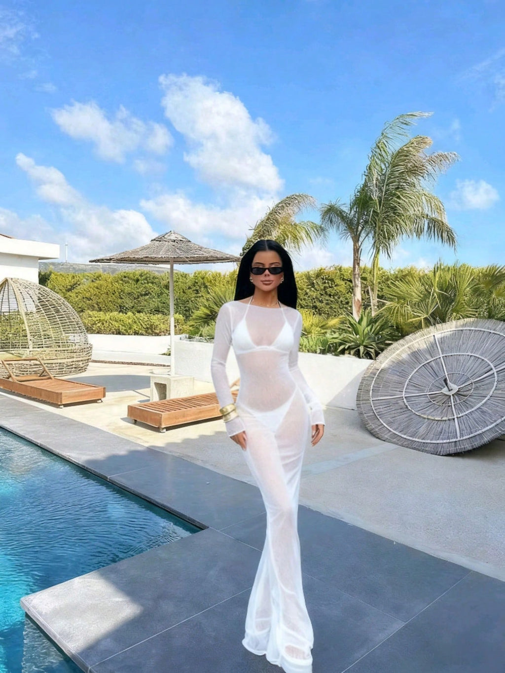 Women's Sexy Bodycon Mesh Sheer Off Shoulder Long Sleeve Dress,