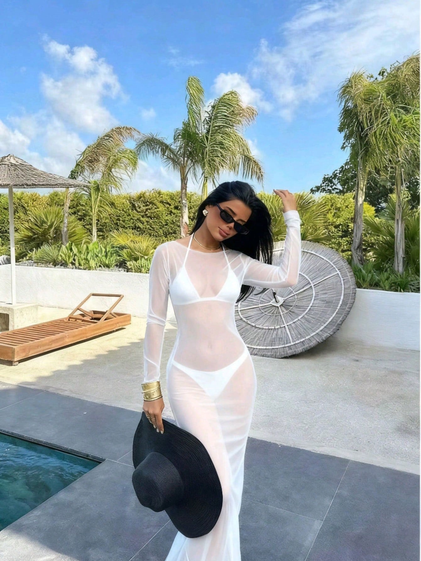 Women's Sexy Bodycon Mesh Sheer Off Shoulder Long Sleeve Dress,