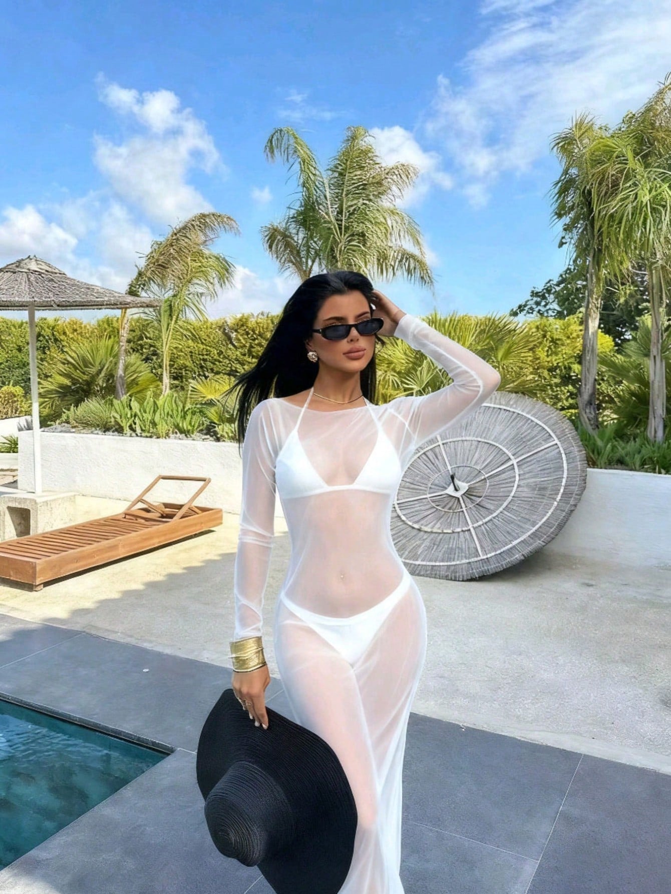 Women's Sexy Bodycon Mesh Sheer Off Shoulder Long Sleeve Dress,