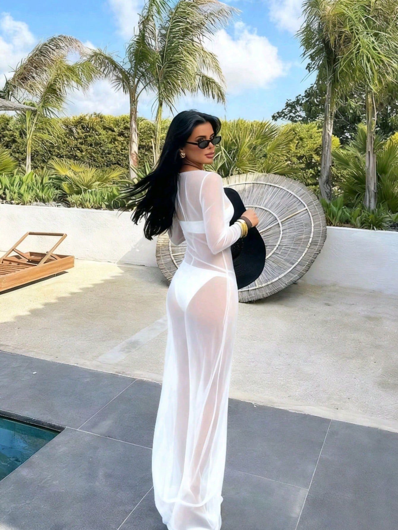 Women's Sexy Bodycon Mesh Sheer Off Shoulder Long Sleeve Dress,