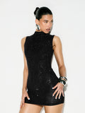 KIZN Sequined High Neck Sleeveless Mini Dress Sparkly Bodycon Party Evening Formal Night Out Special Occasion