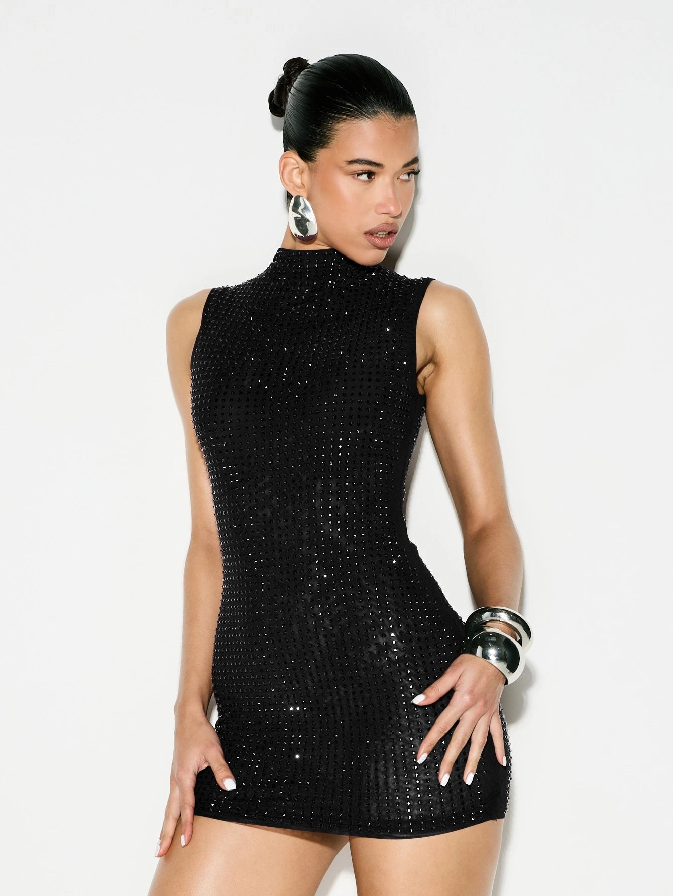 KIZN Sequined High Neck Sleeveless Mini Dress Sparkly Bodycon Party Evening Formal Night Out Special Occasion