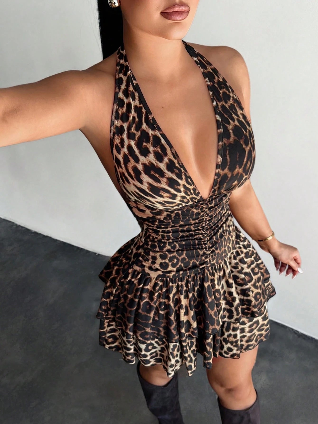 SXY Women's Polka Dot Print Deep V-Neck Sexy Halter Ruffle Dress
