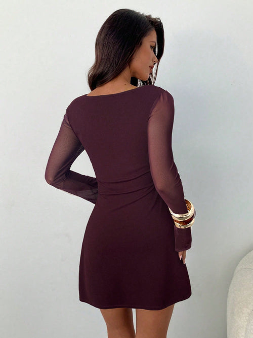 Aloruh Burgundy Mesh Mini Dress Romantic Sexy Date Club Night Out Goddess Outfit Autumn Outfits Clothes Beach - image 2