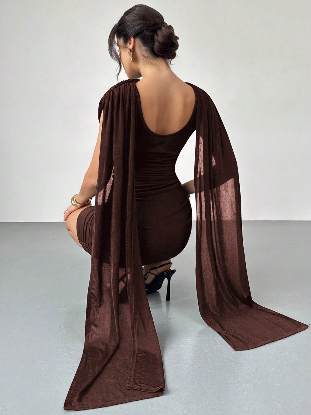 Firerie Women's Elegant Dark Brown Cowl Neck Ruched Bodycon