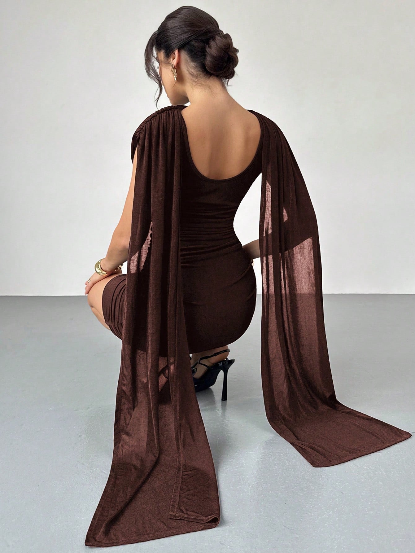 Firerie Women's Elegant Dark Brown Cowl Neck Ruched Bodycon