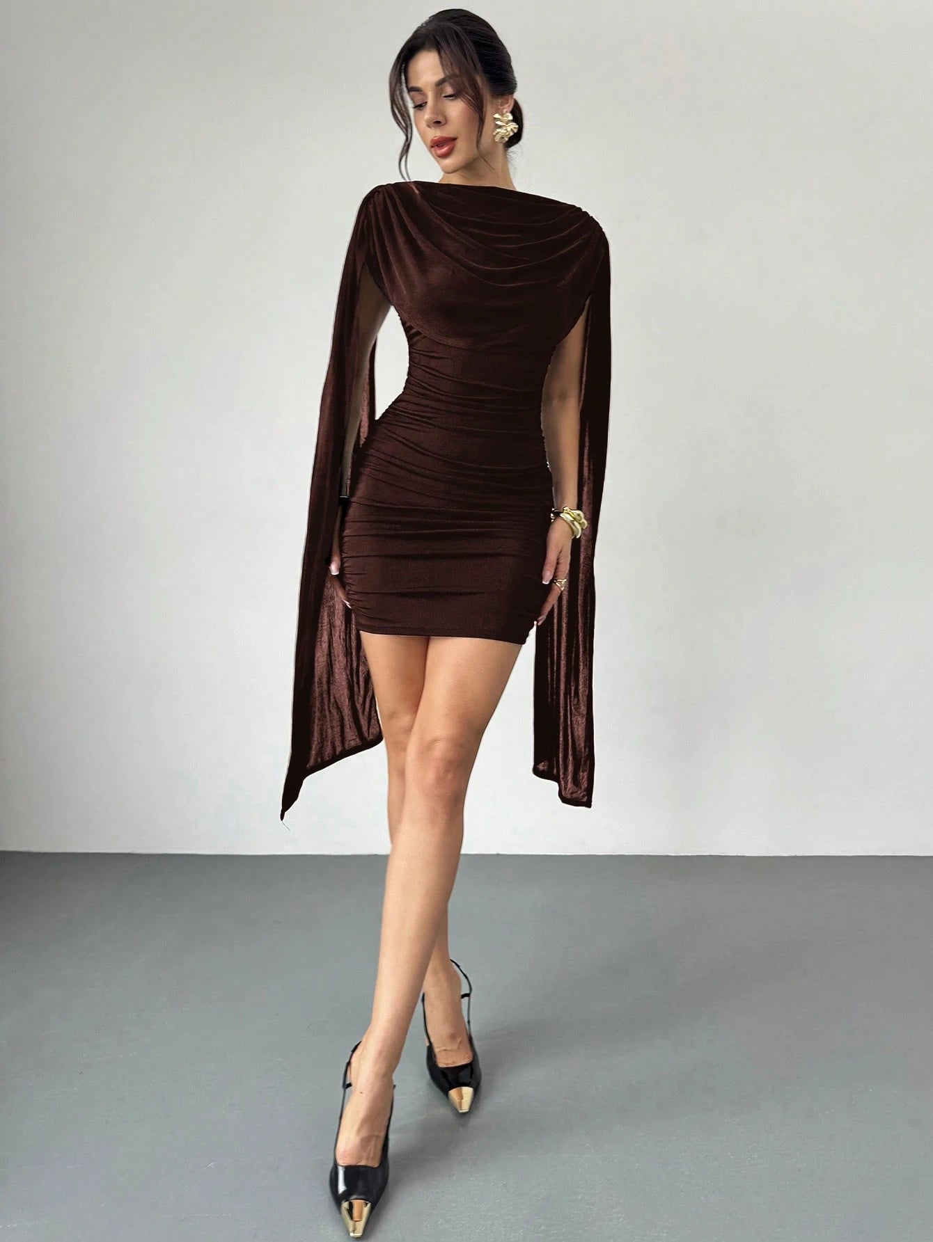 Firerie Women's Elegant Dark Brown Cowl Neck Ruched Bodycon