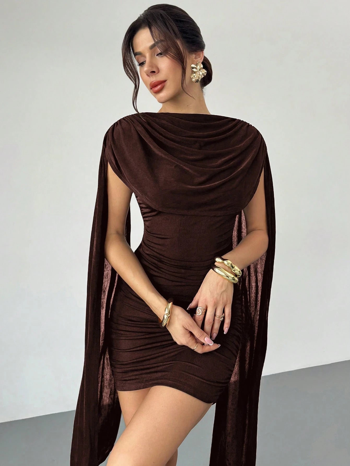 Firerie Women's Elegant Dark Brown Cowl Neck Ruched Bodycon