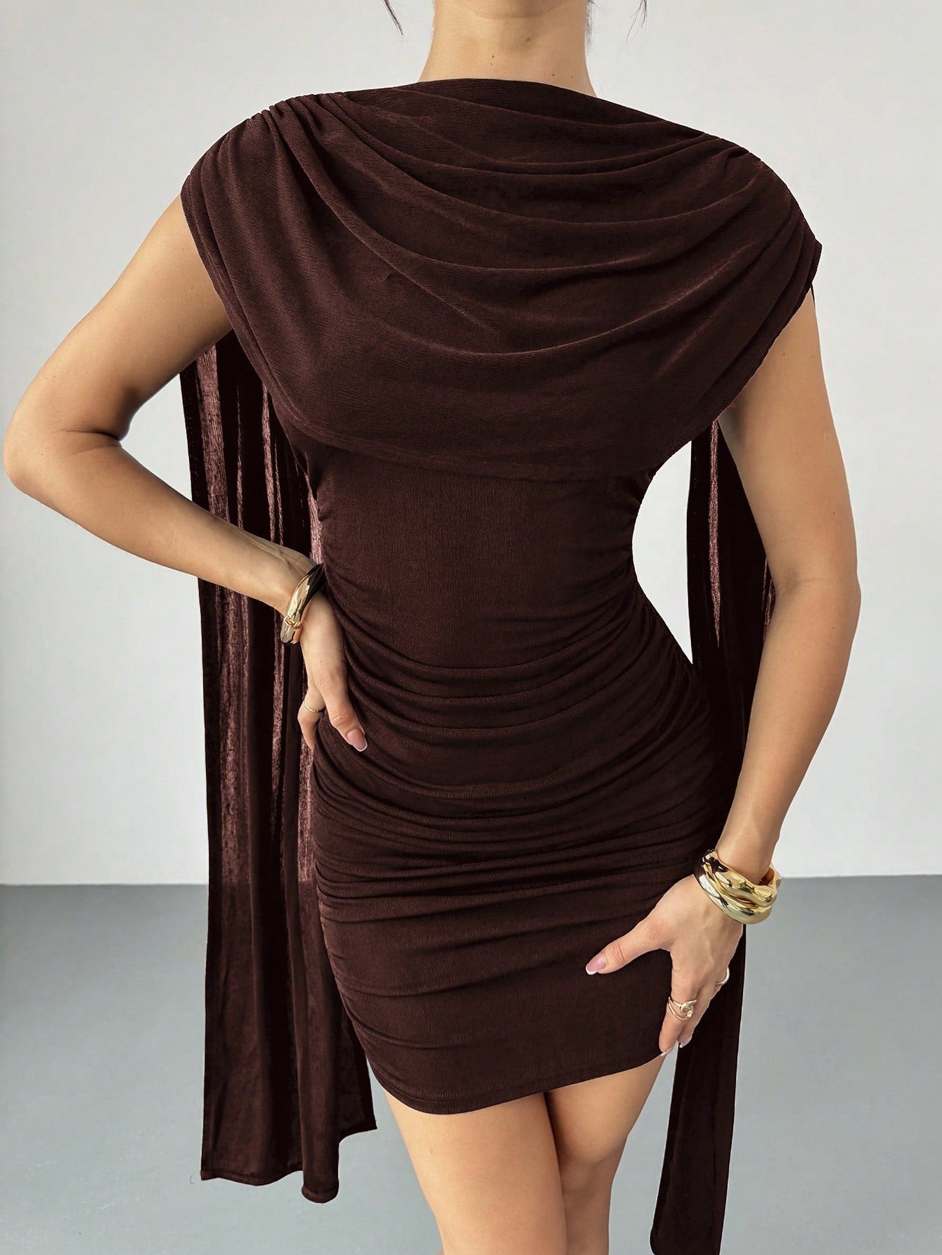 Firerie Women's Elegant Dark Brown Cowl Neck Ruched Bodycon