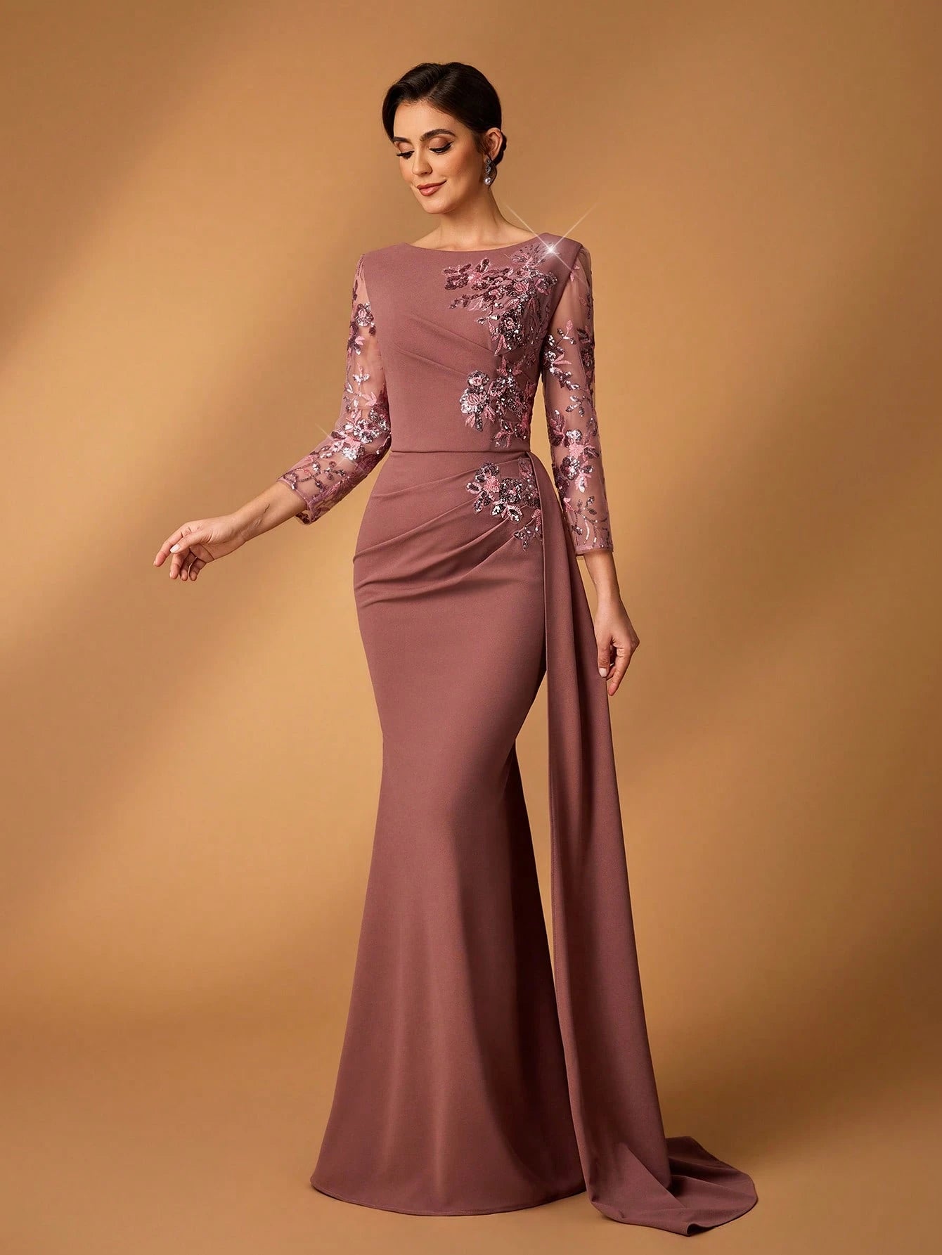 Serin Dusty Pink Spring Elegant Brides Maid Evening Pearl Sequin & Tulle Embroidered Lace Patchwork Stretch