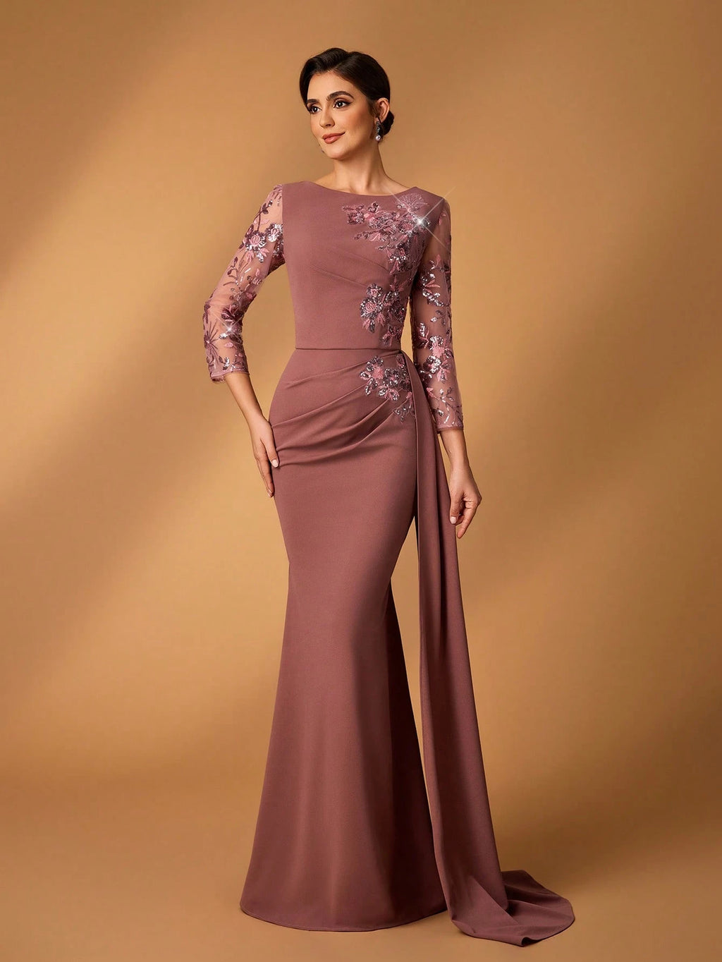Serin Dusty Pink Spring Elegant Brides Maid Evening Pearl Sequin & Tulle Embroidered Lace Patchwork Stretch - image 4