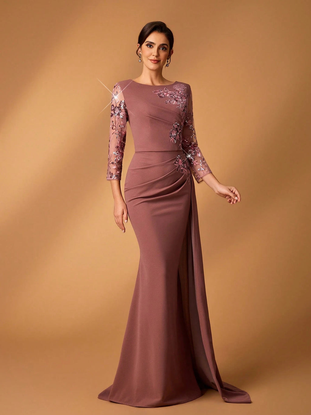 Serin Dusty Pink Spring Elegant Brides Maid Evening Pearl Sequin & Tulle Embroidered Lace Patchwork Stretch - image 5