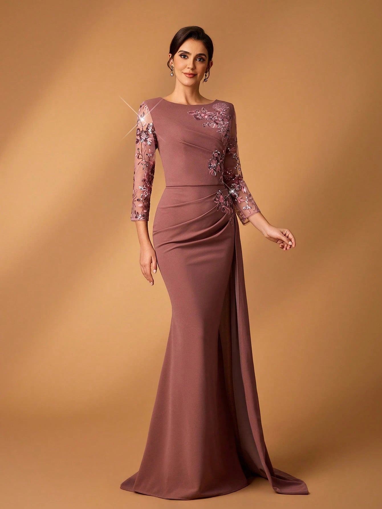 Serin Dusty Pink Spring Elegant Brides Maid Evening Pearl Sequin & Tulle Embroidered Lace Patchwork Stretch - image 5