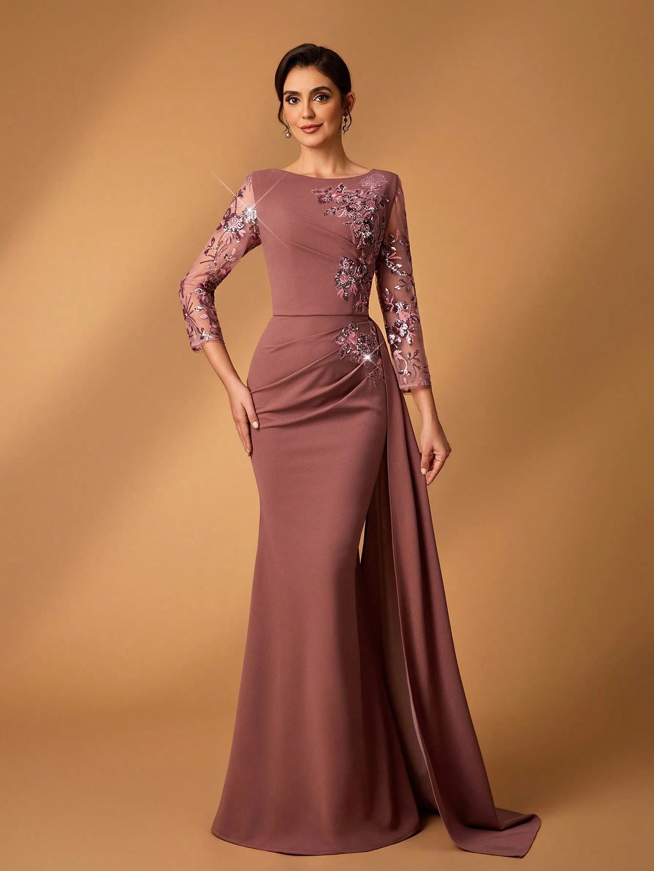 Serin Dusty Pink Spring Elegant Brides Maid Evening Pearl Sequin & Tulle Embroidered Lace Patchwork Stretch - image 7
