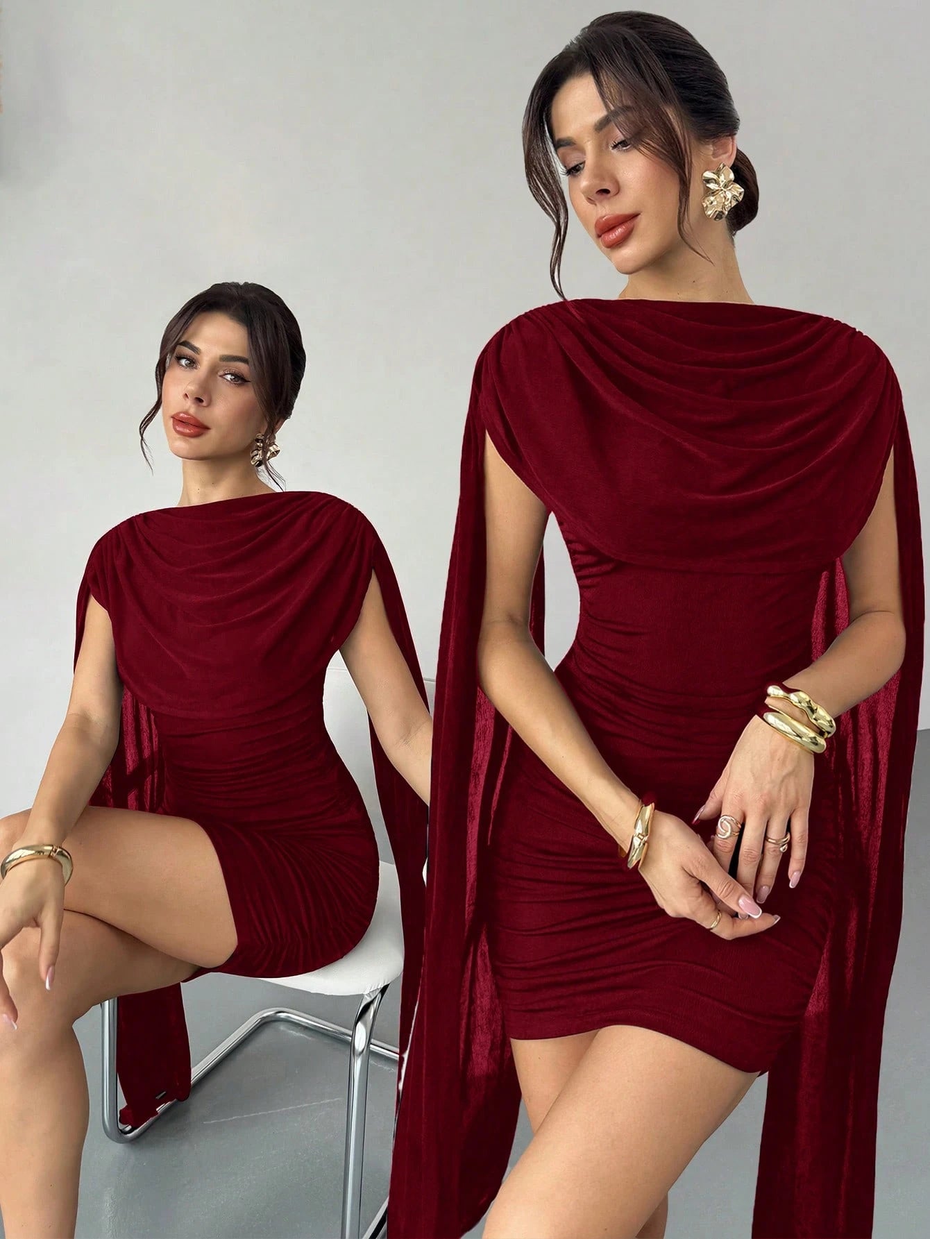Firerie Women's Elegant Dark Brown Cowl Neck Ruched Bodycon