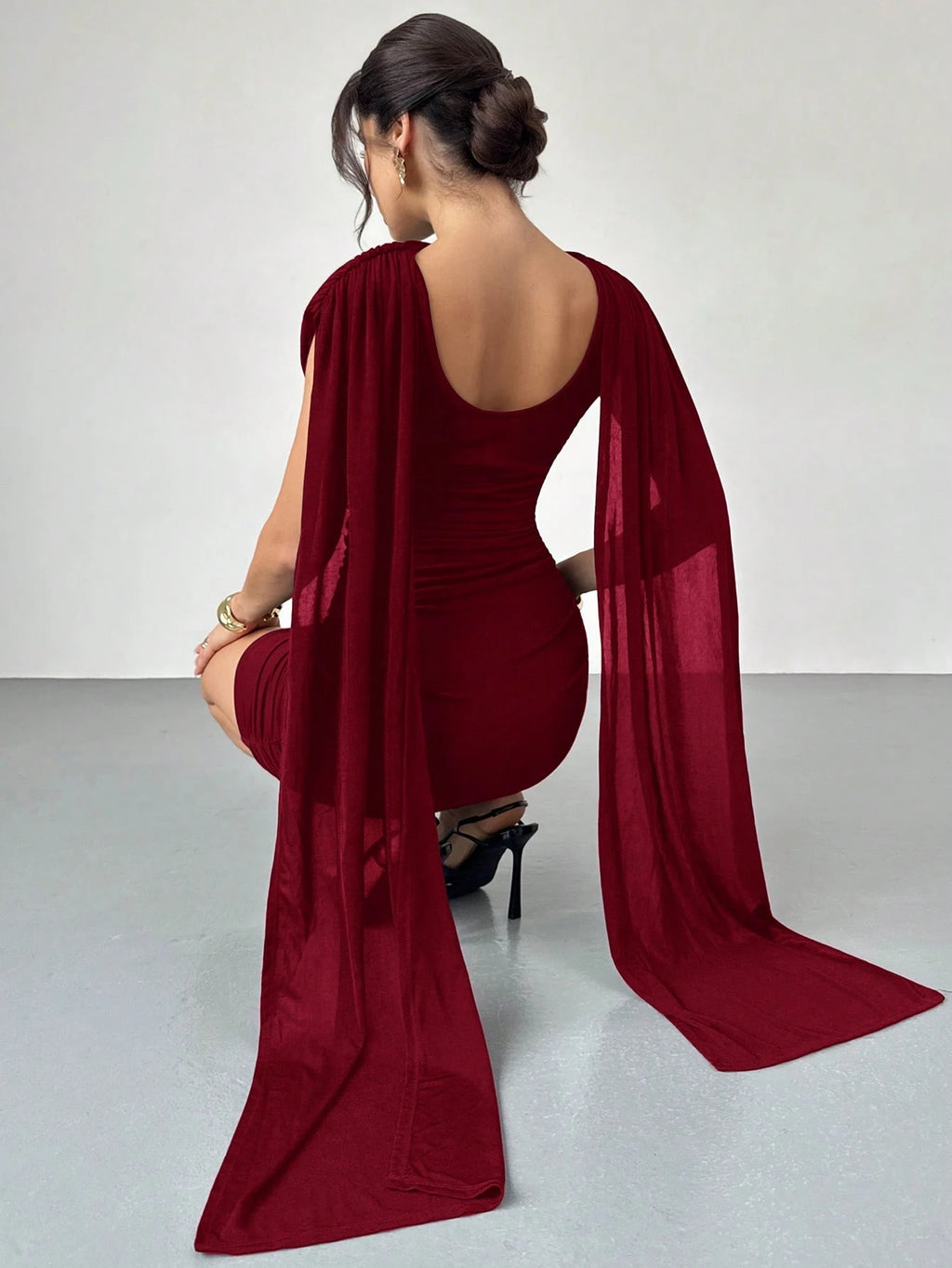 Firerie Women's Elegant Dark Brown Cowl Neck Ruched Bodycon
