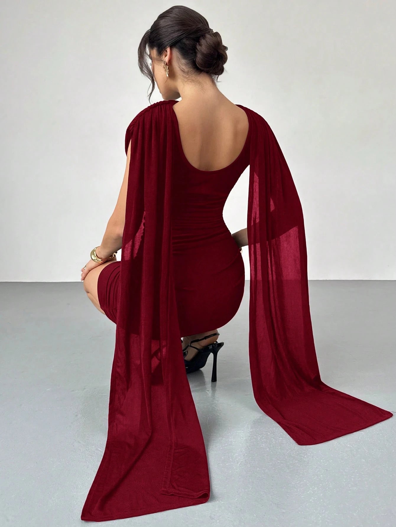 Firerie Women's Elegant Dark Brown Cowl Neck Ruched Bodycon